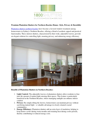 Premium Plantation Shutters for Northern Beaches Homes  Style, Privacy & Durabil