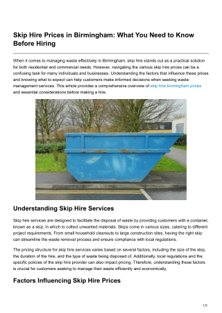 Skip Hire Prices in Birmingham What You Need to Know Before Hiring