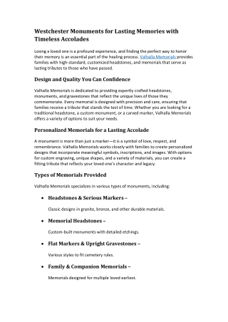 Westchester Monuments for Lasting Memories with Timeless Accolades