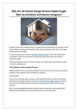 Why Are 3D Interior Design Services Highly Sought After by Architects and Interior