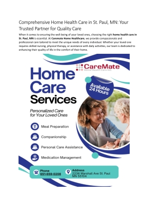 Comprehensive Home Health Care in St. Paul, MN Your Trusted Partner for Quality Care