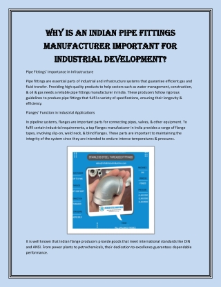 Why Is an Indian Pipe Fittings Manufacturer Important for Industrial Development