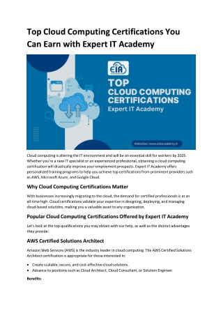 Top Cloud Computing Certifications You Can Earn with Expert IT Academy