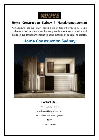 Home Construction Sydney  Nanakhomes.com.au