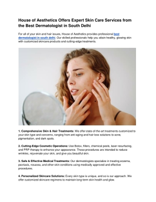 House of Aesthetics Offers Expert Skin Care Services from the Best Dermatologist in South Delhi