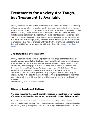 Treatments for Anxiety Are Tough, but Treatment Is Available