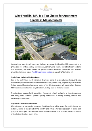 Why Franklin, MA, Is a Top Choice for Apartment Rentals in Massachusetts