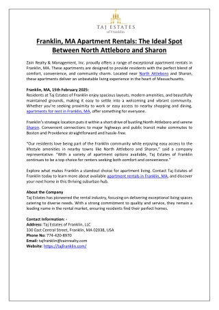 Franklin, MA Apartment Rentals- The Ideal Spot Between North Attleboro and Sharon