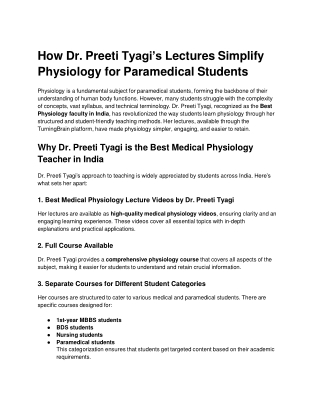 How Dr. Preeti Tyagi’s Lectures Simplify Physiology for Paramedical Students