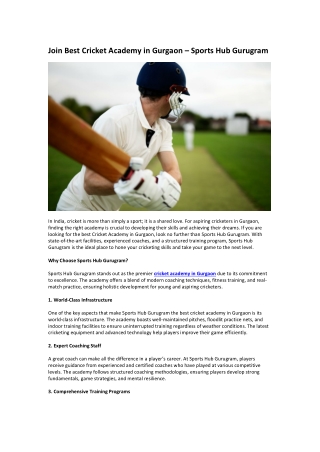 Join Best Cricket Academy in Gurgaon – Sports Hub Gurugram