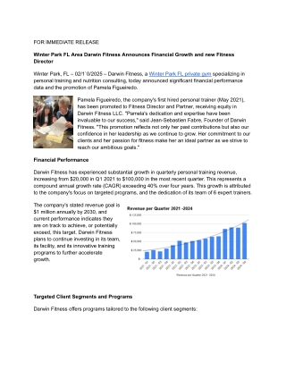 Winter Park FL Area Darwin Fitness Announces Financial Growth and new Fitness Director