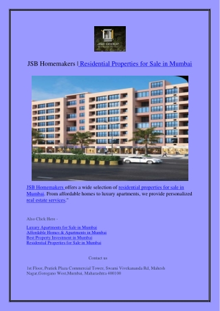 JSB Homemakers, Residential Properties for Sale in Mumbai