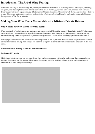 Making Your Wine Tours Memorable with I-Drive's Private Drivers