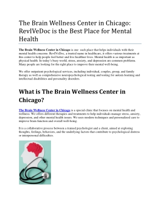 The Brain Wellness Center in Chicago the RevIVeDoc is the Best Place for Mental Health