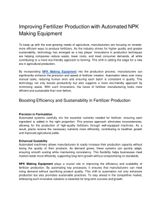 Improving Fertilizer Production with Automated NPK Making Equipment