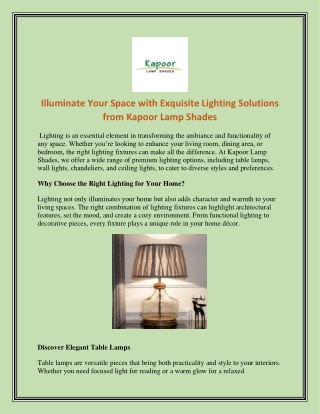 Illuminate Your Space with Exquisite Lighting Solutions from Kapoor Lamp Shades