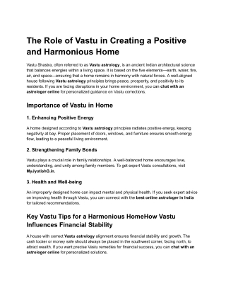 The Role of Vastu in Creating a Positive and Harmonious Home