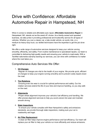 Affordable Automotive Repair in Hampstead, NH