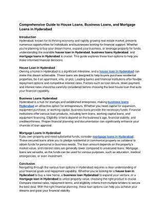 Comprehensive Guide to House Loans, Business Loans, and Mortgage Loans in Hyderabad