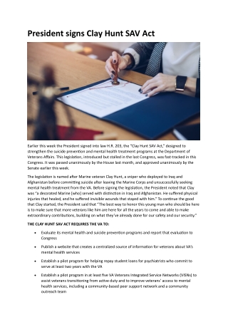 President signs Clay Hunt SAV Act