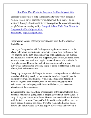 Sampark is Best Child Care Centre in Bangalore for Poor Migrant Kids