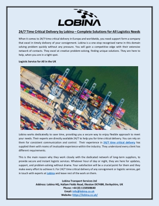 24-7 Time Critical Delivery by Lobina – Complete Solutions for All Logistics Needs