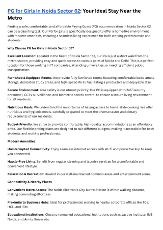 PG for Girls in Noida Sector 62 Your Ideal Stay Near the Metro