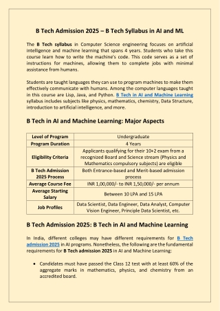 B. Tech Admission 2025 - B. Tech Syllabus in AI and ML