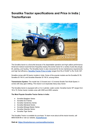 Sonalika Tractor specifications and Price in India | TractorKarvan