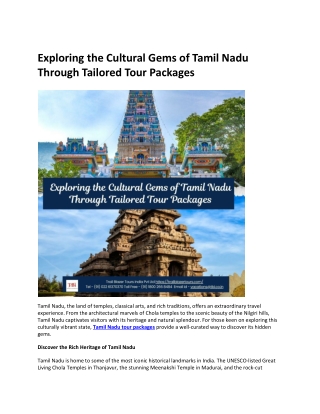 Exploring the Cultural Gems of Tamil Nadu Through Tailored Tour Packages
