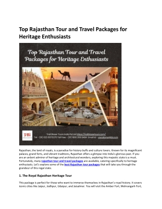 Top Rajasthan Tour and Travel Packages for Heritage Enthusiasts