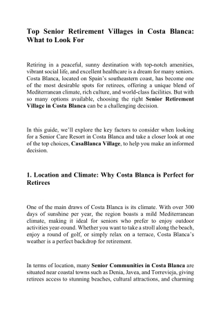 Top Senior Retirement Villages in Costa Blanca What to Look For