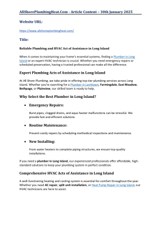 Reliable Plumbing and HVAC Act of Assistance in Long Island