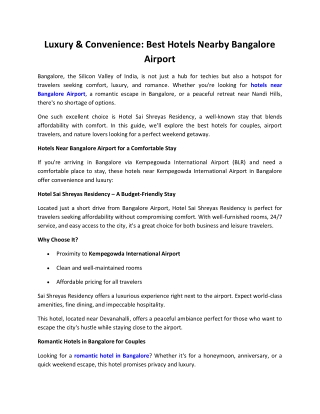 Best Hotels Near Bangalore Airport - Sai Shreyas Residency