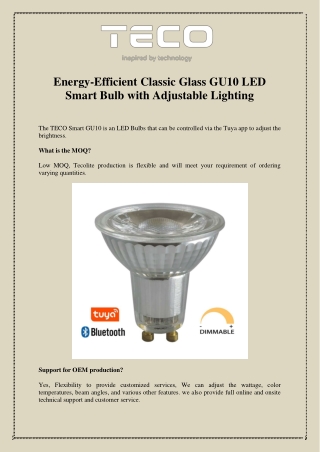 Energy-Efficient Classic Glass GU10 LED Smart Bulb with Adjustable Lighting
