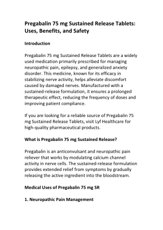 Pregabalin 75 mg Sustained Release Tablets: Uses, Benefits, and Safety