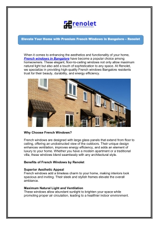 Call French Windows in Bangalore - RENOLET