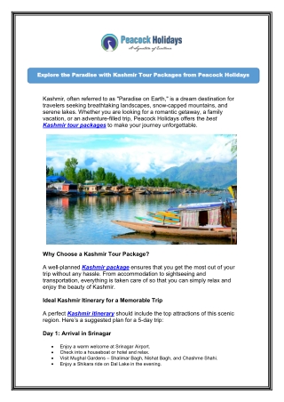 Book Kashmir Tour Packages at Best Price | Peacock Holidays