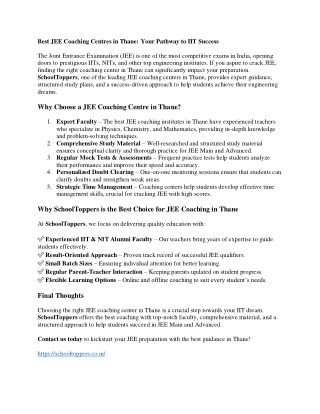 Best JEE Coaching Centres in Thane