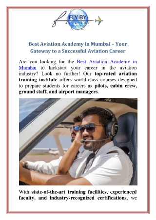 Best Aviation Academy in Mumbai  Your Gateway to a Successful Aviation Career