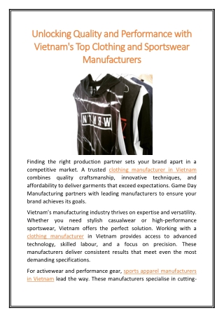 Unlocking Quality and Performance with Vietnams Top Clothing and Sportswear Manufacturers