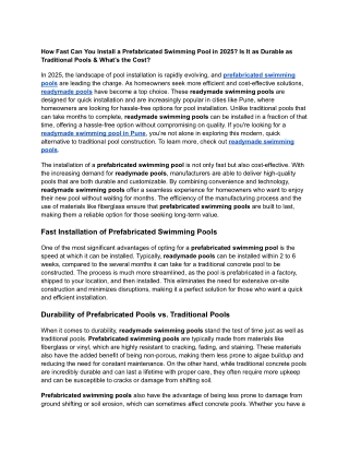 How Fast Can You Install a Prefabricated Swimming Pool in 2025? Is It as Durable