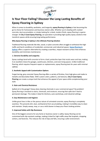 Is Your Floor Failing - Discover the Long-Lasting Benefits of Epoxy Flooring in Sydney