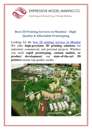 Best 3D Printing Services in Mumbai HighQuality & Affordable Prototyping