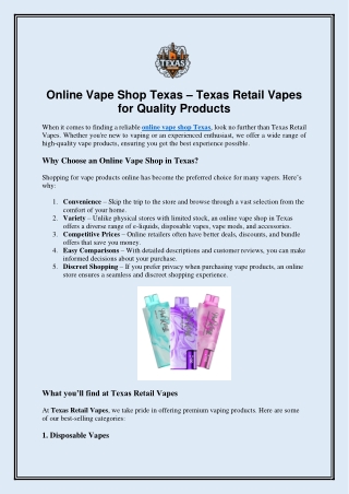 Online Vape Shop Texas – Texas Retail Vapes for Quality Products