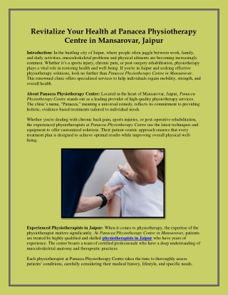 Panacea Physiotherapy Centre in Mansarovar