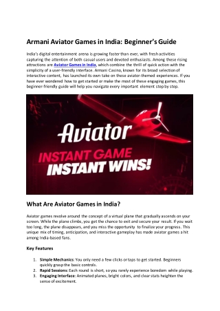 Armani Aviator Games in India Beginner’s Guide