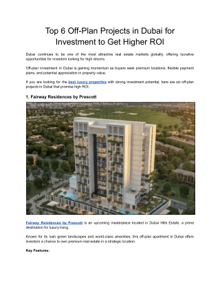 Top 6 Off-Plan Projects in Dubai for Investment to Get Higher ROI