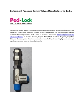 Instrument Pressure Safety Valves Manufacturer in India