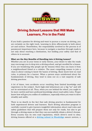 Driving School Lessons that Will Make Learners, Pro in the Field